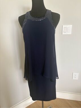 Betsy & Adam Navy Sequin-Trim Layered Midi Dress